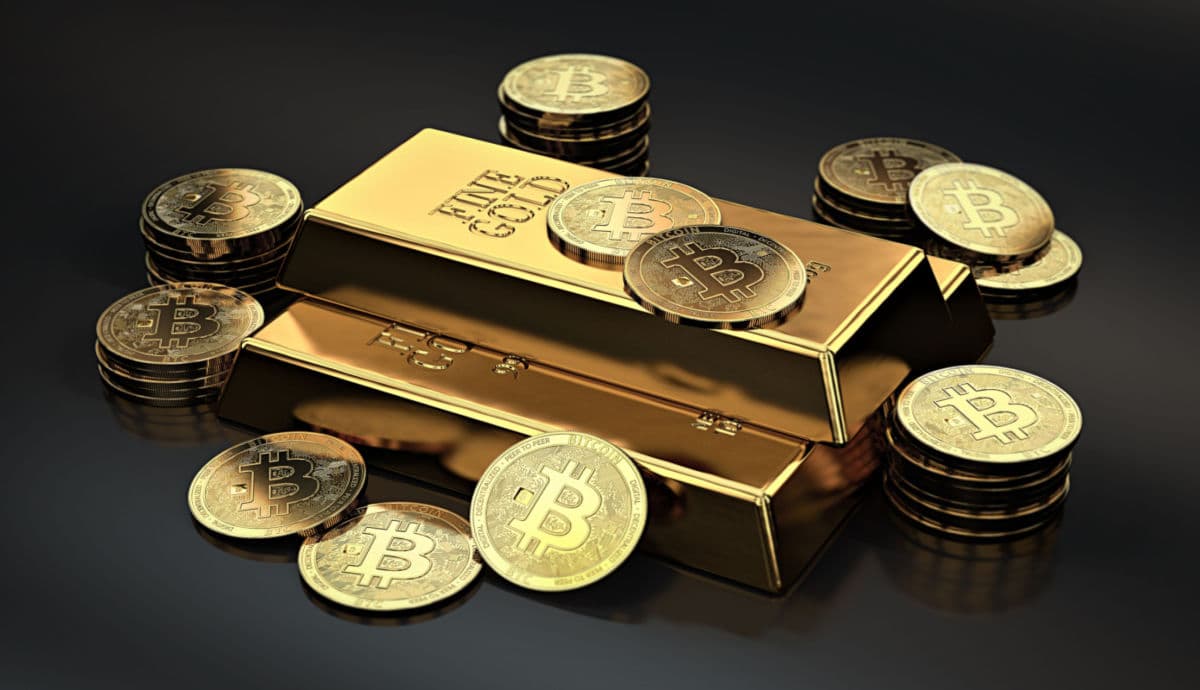 Barra de ouro envolto a várias moedas douradas de bitcoin