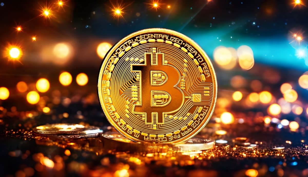 moeda de bitcoin em meio a fotons dourados